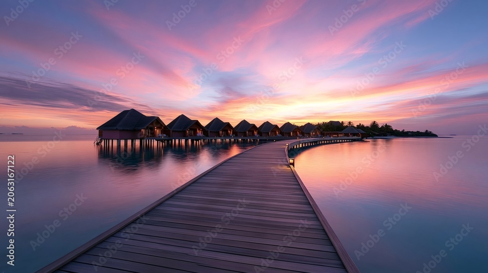 Fototapeta premium Maldives resort overwater bungalows on a long boardwalk extending into the calm indian ocean at sunset, with an vibrant sky reflecting on the tranquil water, creating a luxury travel destination