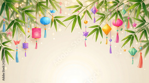 Festive Asian Lanterns on Bamboo Branches, Colorful Decorations, Celebration Background, Spring Festival Ambiance