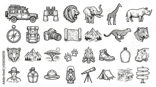 Black and white safari icons set.
