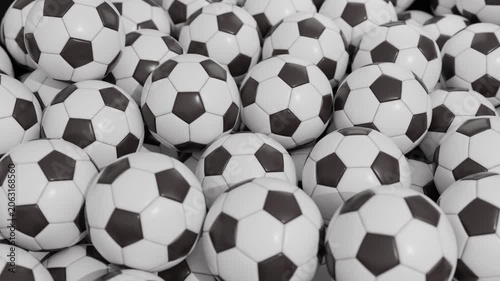 Camera Rotating Around Pile of Soccer Balls 3D Sports Background. Football 3D. 4K