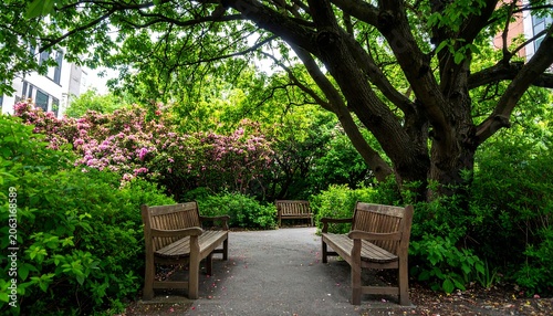 Park benches under a lush canopy