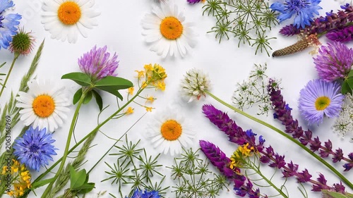 Colorful Wildflower Flat Lay with Chamomile and Cornflower. Rotating Botanical Background Made of Meadow Flowers. Summer Floral Composition with Clover and Wild Herbs Vertical Video