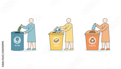 Eco friendly people responsibly sorting waste by putting glass, paper, and plastic into corresponding recycling bins.