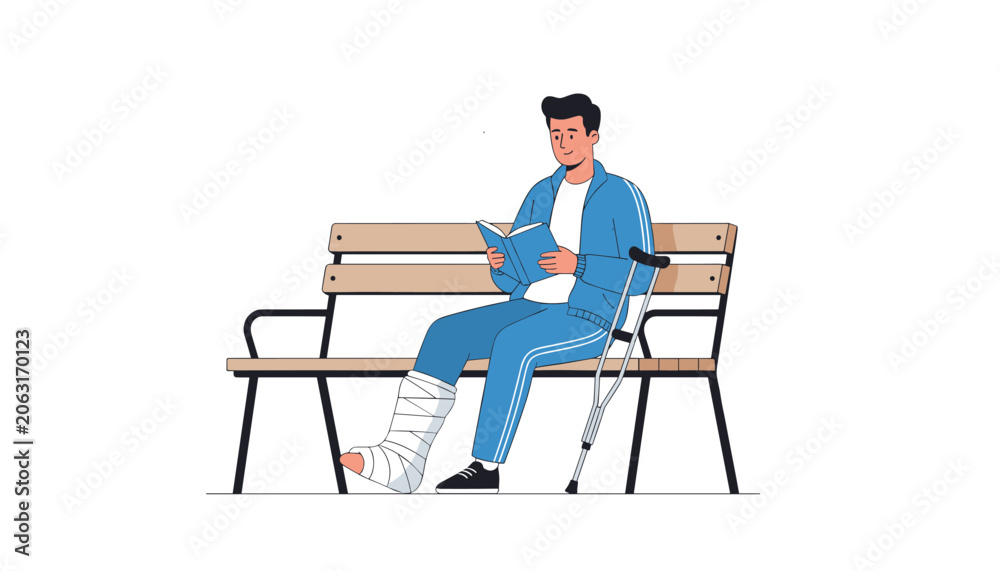 Fototapeta premium Injured young man with a leg cast sitting on a wooden park bench and quietly reading a book next to his crutch.