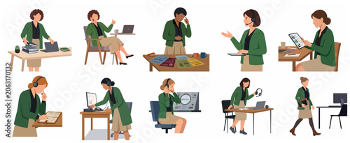 Bild auf Leinwand Set of flat vector illustrations of a professional business woman working in various office situations, customer support, and telemarketing roles