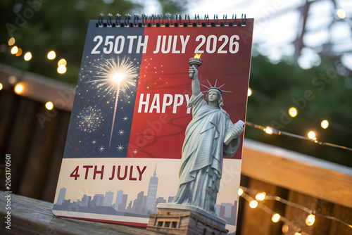 Patriotic calendar featuring Statue of Liberty fireworks and 250th July 2026 Happy 4th of July design celebrating America’s 250th Independence Day anniversary   generative ai