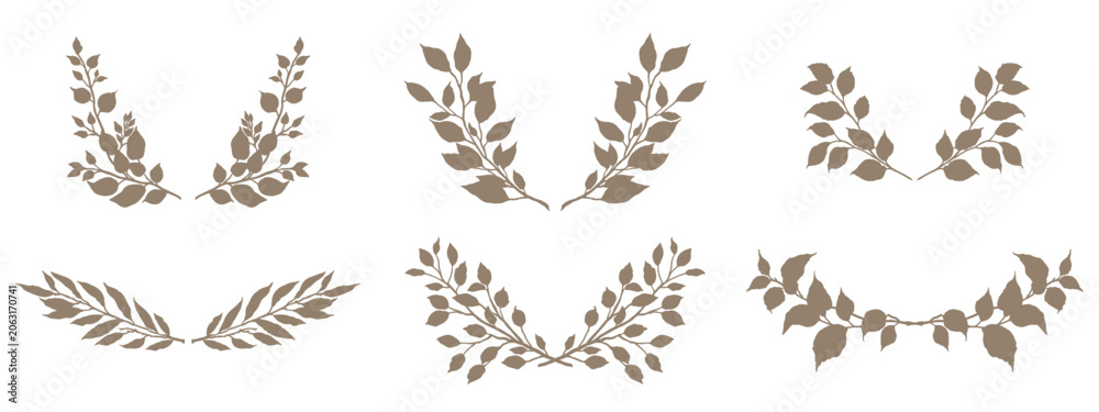 Obraz premium Floral frames with branches and leaves. Tree branch silhouettes. Leaf wreath, border. Elegant vector illustration isolated on white