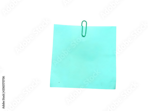 Light blue sticky note with a metal paper clip isolated on transparent background