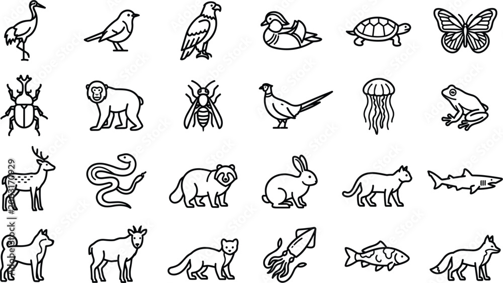 Fototapeta premium Japanese Wildlife Line Icon Set with Traditional Asian Animals Featuring Red-Crowned Crane Macaque Monkey Sika Deer Mandarin Duck and Iriomote Cat Symbols