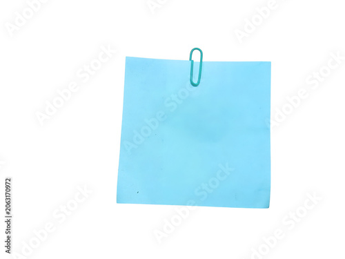 Light blue square sticky note with a metal paper clip isolated on transparent background