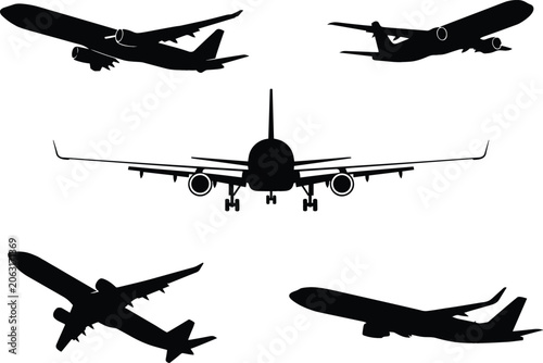 Foto Airplane Silhouette Vector Set with Commercial Jet Airliners from Different Angl