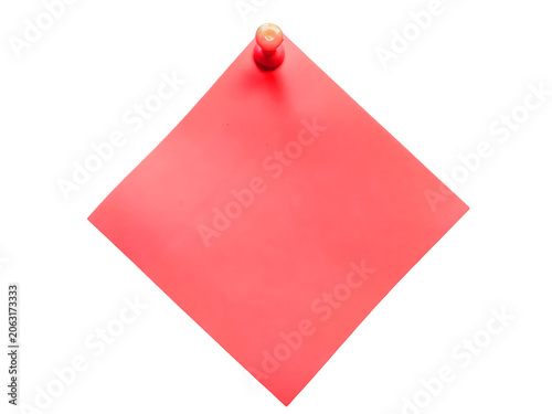 Red square sticky note attached with a red push pin isolated on transparent background
