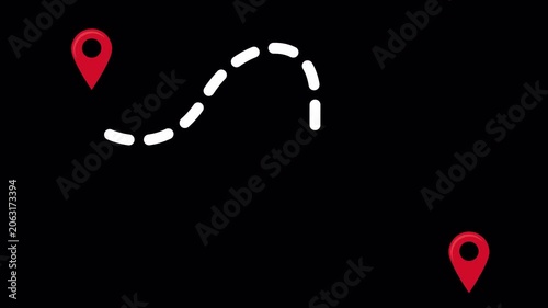 GPS Route Animation Red Location Pins Connected by Dotted Line on Black Background 4K