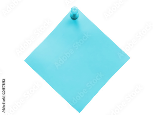 Blue sticky note attached with a push pin isolated on transparent background