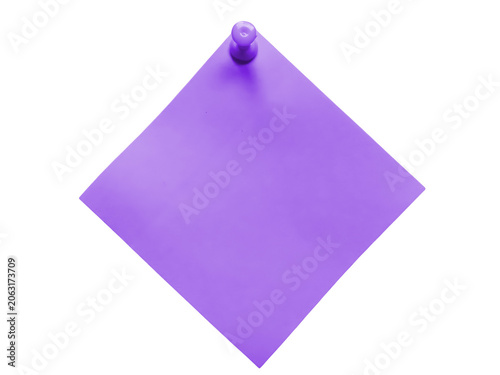 Purple sticky note pinned with a thumbtack isolated on transparent background