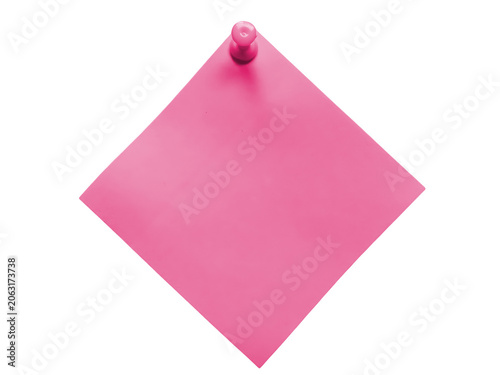 Pink sticky note paper with a push pin isolated on transparent background