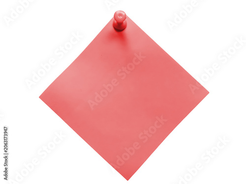 Red square paper note attached with a red push pin isolated on transparent background