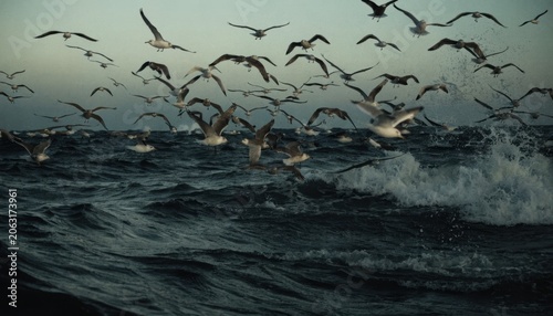 A flock of seagulls flying above a choppy sea with waves splashing, under a moody, overcast sky.