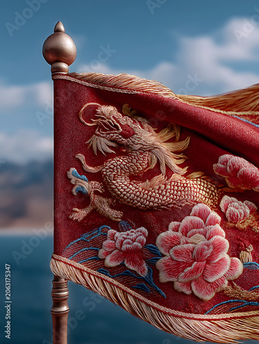 Dragon Boat Festival Triangular Dragon Flag Chinese Style Commercial Poster, Red Base Yellow Border Embroidered Dragon Gold Tassel Wind Fold Mountain Sky, Visual Material For Race Outdoor Advertisemen