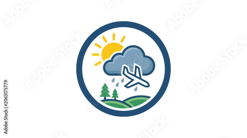 Fotografie Airplane flying through changing weather, sun, rain, clouds, nature landscape ic