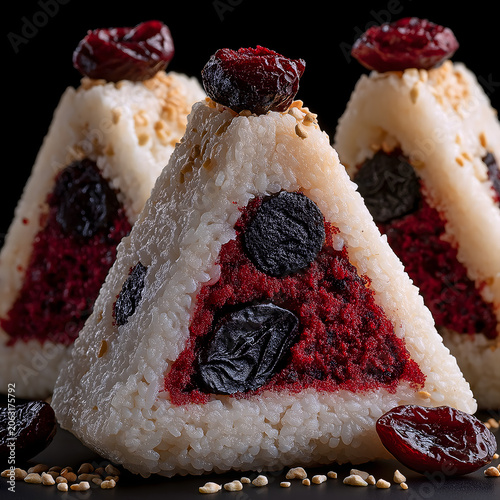 Dragon Boat Festival Zongzi Geometric Minimal Poster, Triangle Rice Dumpling Red Bean On Black, Top Light Round Shadow, Premium Catering Tech Gift Box Commercial Material