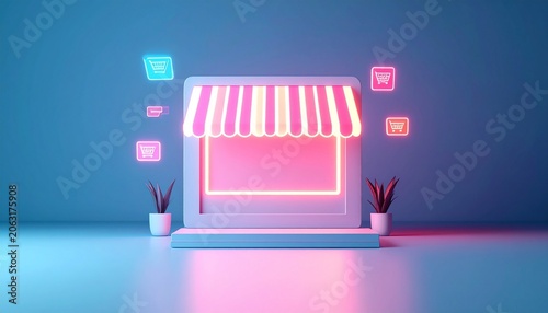 Digital storefront on a laptop screen with glowing neon lights and shopping cart icons, representing e-commerce and online shopping