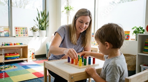 Pediatric occupational therapist guiding child with wooden pegs