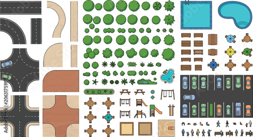 Top down view city map elements with roads trees parking lots and park furniture vector illustration