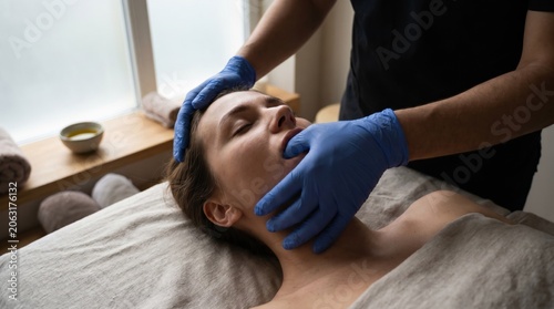 Woman receiving professional buccal massage for face sculpting