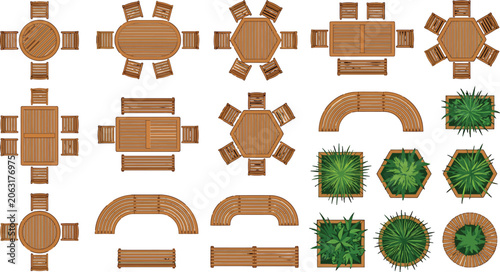 Top view wooden outdoor furniture set with tables chairs benches and potted plants for landscape design vector