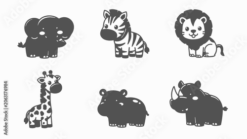 Photography Cute cartoon safari animals set - elephant, zebra, lion, giraffe, hippo, rhino