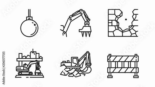 Tableau sur toile Demolition Icons: Wrecking Ball, Excavator, Broken Wall, Construction