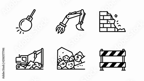 Tableau sur toile Demolition Icons: Wrecking Ball, Excavator, Broken Brick Wall, Barrier