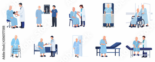 Elderly Patient Care and Medical Treatment Illustration Set featuring Senior Healthcare and Hospital Procedures Vector