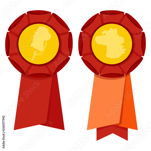 Set of Two Red Award Rosettes with Horse Silhouette for Hobby Horsing Competition