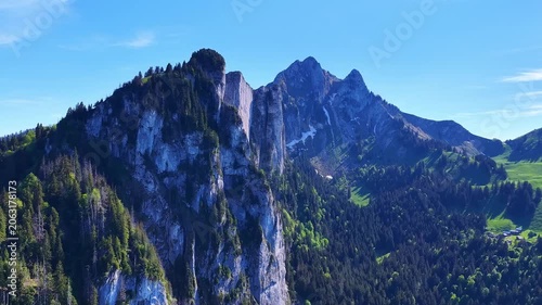 4K Drone Flight Revealing Rocky Alpine Peaks and Forested Cliffs