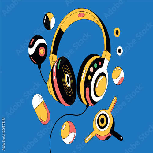 Colorful geometric headphones with music player, audio cable, and disco ball in flat vector style, bold outlines, vibrant colors