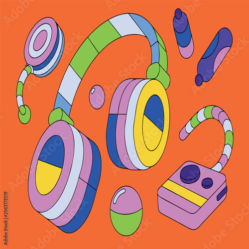 Colorful geometric headphones with music player, audio cable, and disco ball in flat vector style, bold outlines, vibrant colors