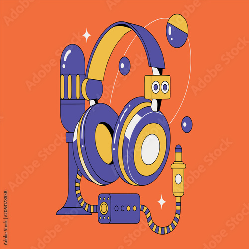 Colorful geometric headphones with music player, audio cable, and disco ball in flat vector style, bold outlines, vibrant colors