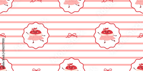 Obraz na plátně Cute pomegranate character seamless pattern on pink striped background