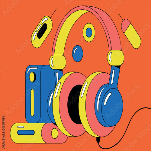 Colorful geometric headphones with music player, audio cable, and disco ball in flat vector style, bold outlines, vibrant colors