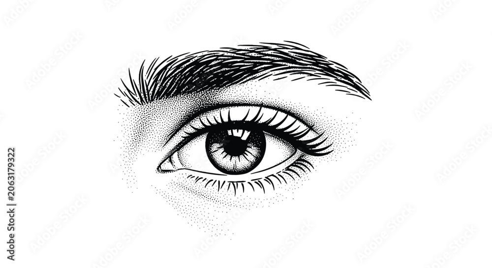 Obraz premium Detailed black and white stipple drawing of a human eye with eyebrow showing fine lashes and realistic iris texture.