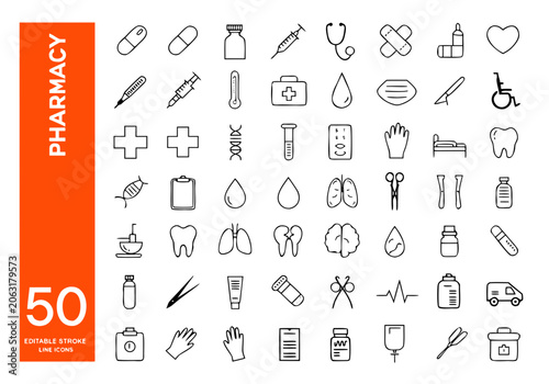 Pharmacy icons collection editable stroke line medical symbol set.