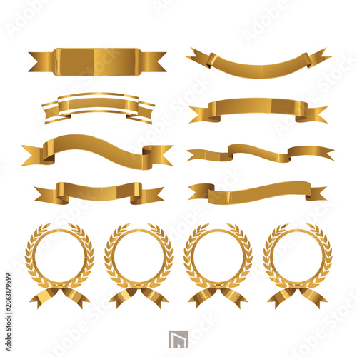 Golden ribbon banners and laurel wreath collection for awards design set vector set.