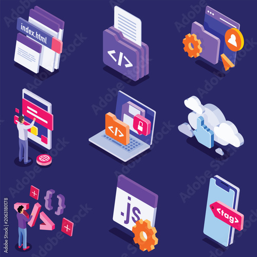 Programming and web development isometric icon set, JavaScript coding, HTML files, mobile app development, cloud computing, software engineering vector collection