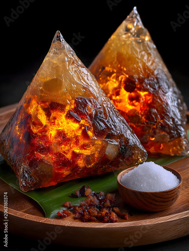Dragon Boat Festival Alkaline Zongzi Amber Minimal Poster, Translucent Golden Dumpling Backlight Glow On Black, Dessert Still Life, Material For Premium Catering Gift Box