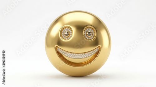 Golden emoji face with diamond encrusted smile, luxury 3d gold smiley face, premium jewelry style happy emoticon with sparkling gems isolated on White Background
