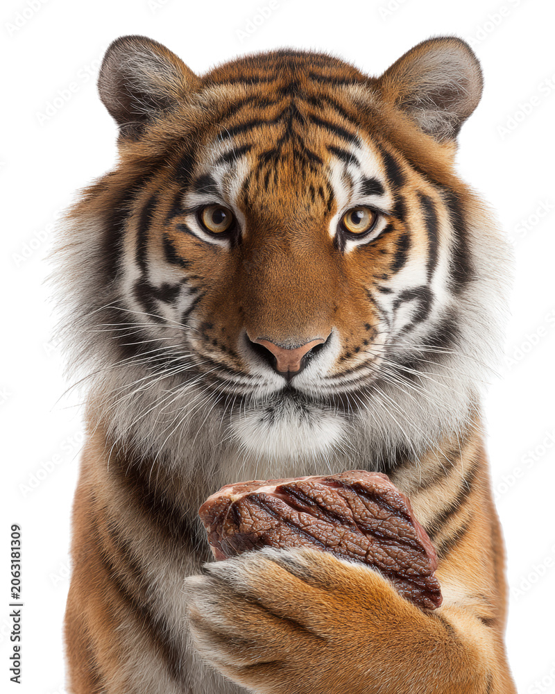 Fototapeta premium Close up Bengal tiger holding raw meat in paw isolated on transparent background