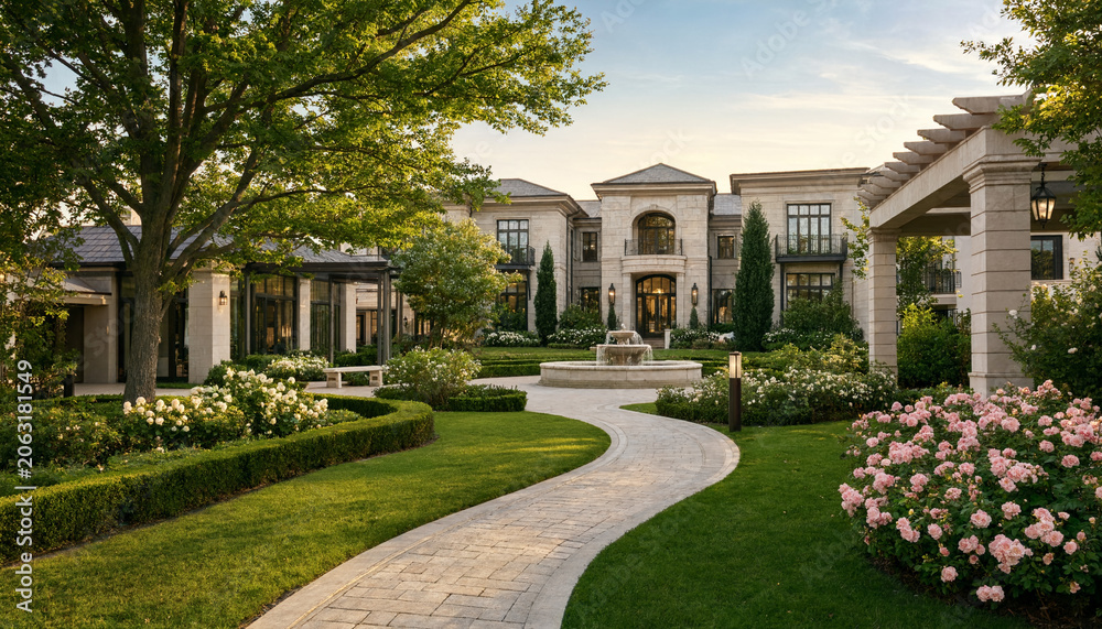 Obraz premium Luxury residential estate landscape featuring a grand stone manor house with a decorative fountain lush green lawns blooming rose bushes a winding stone pathway at golden hour, landscape