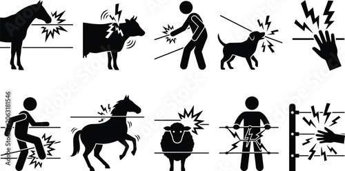 Foto Icons showing animals and people receiving electric shocks from fences and wires